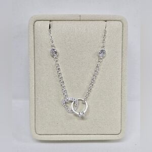 925 Sterling Silver CZ Heart and Circle Adjustable Necklace Polished Finish